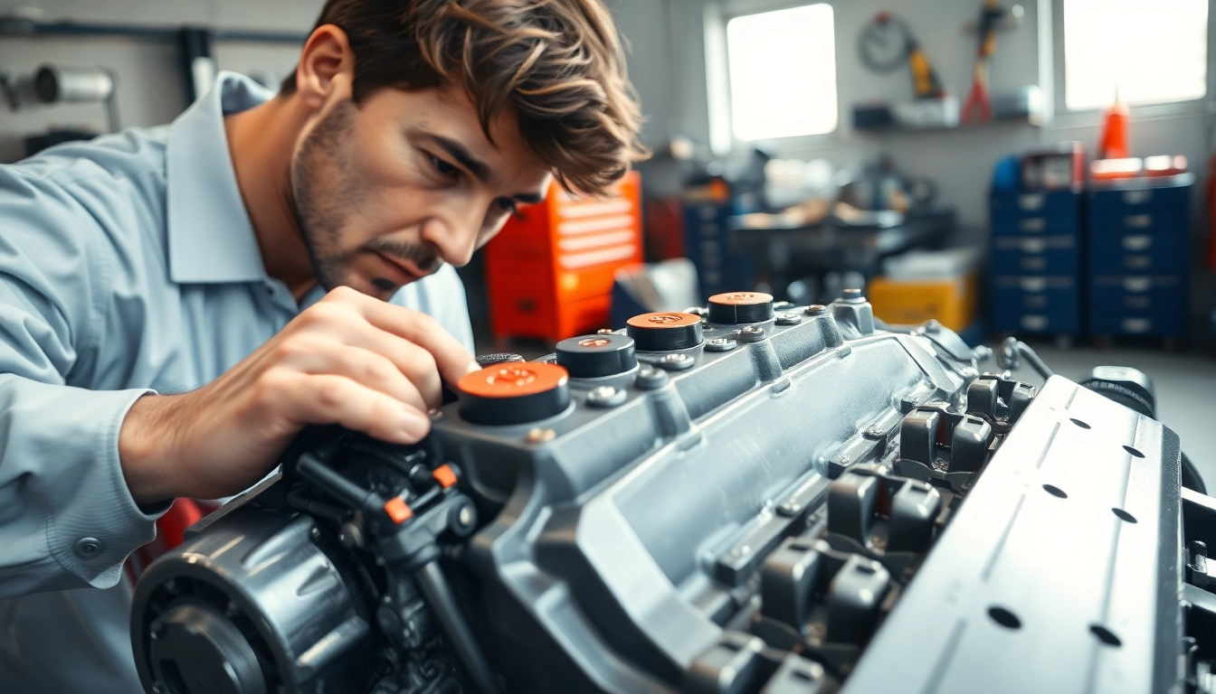 Inspecting used engines in a professional garage setting for quality assurance.