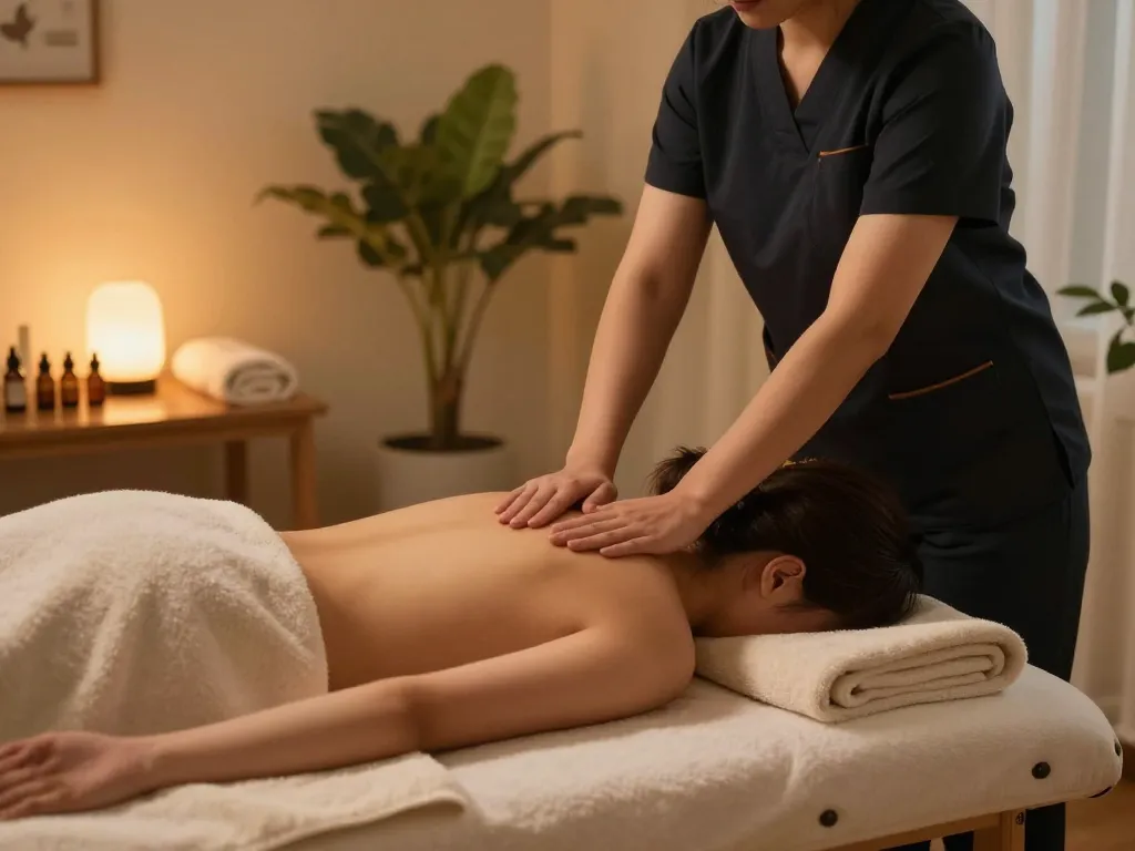 Relaxing aromatherapy massage experience at www.maxim-anma.net with serene atmosphere and professional therapist.