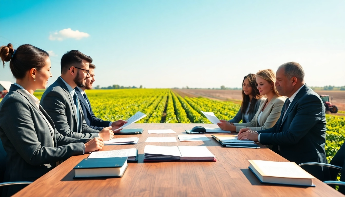 Agriculture law professionals collaborating in a serene farm setting with legal documents.