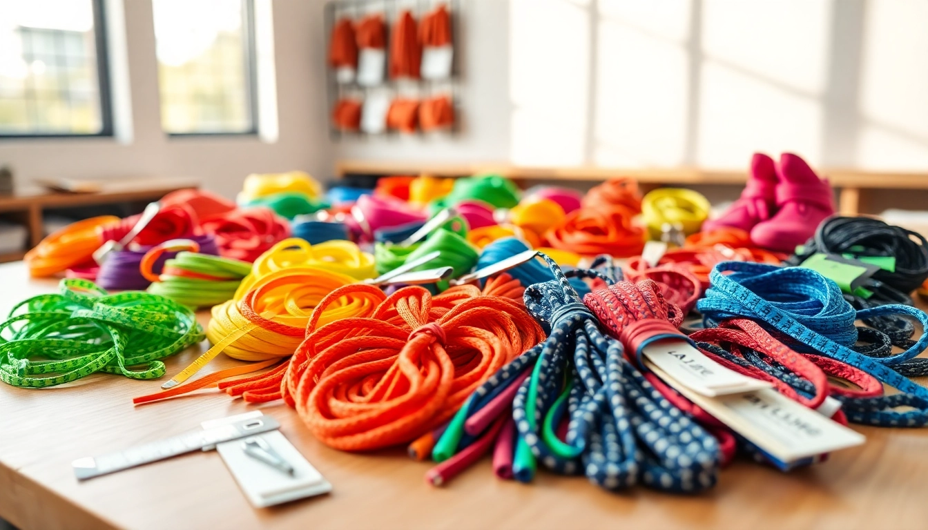 Buying shoelaces in bulk for resellers displayed with vibrant colors and styles on a wooden table.