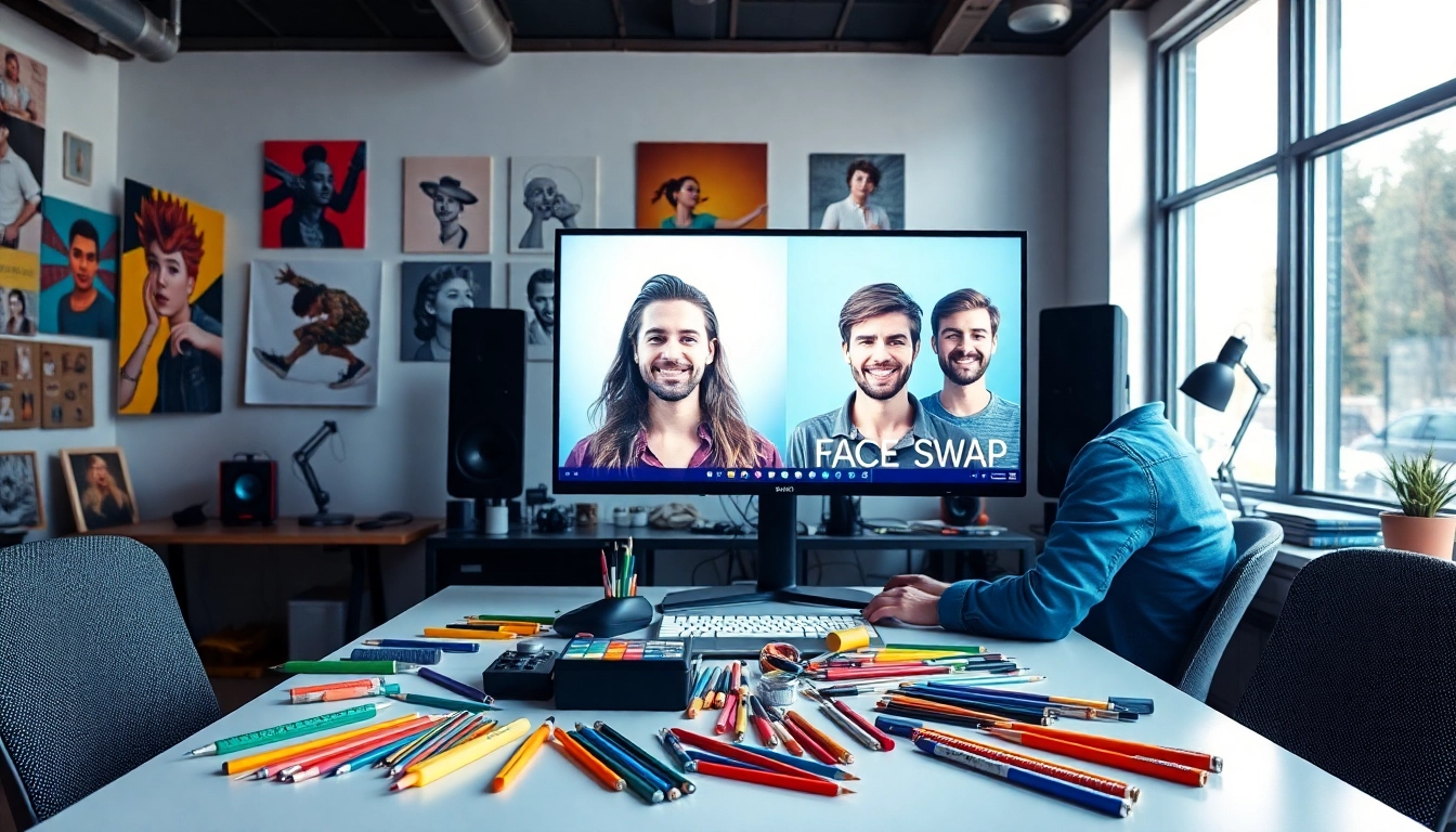 Engaging face swap activity in a creative studio setting with vivid digital elements.