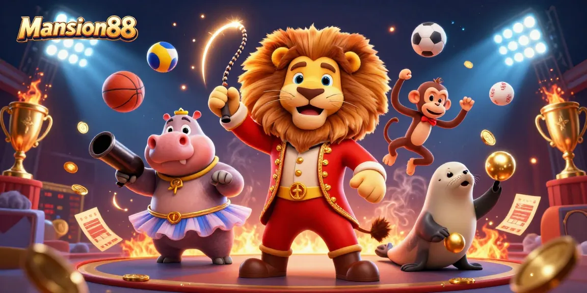 Mansion88 showcases vibrant gaming experience with 3D characters in a dynamic betting scene featuring sports balls and golden elements.