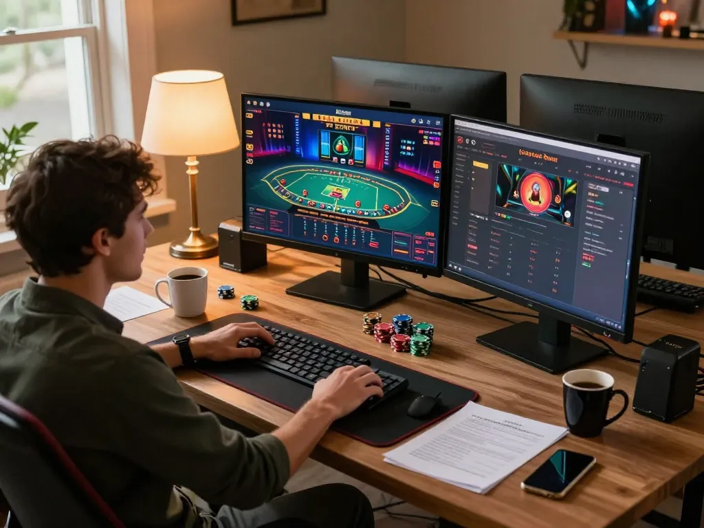 Engaging in online gaming with TG88, a person strategizing while playing live dealer casino games at home, showcasing responsible gambling.