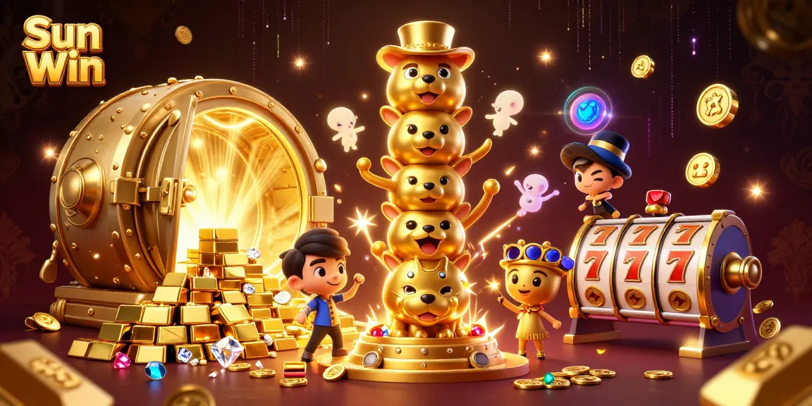 Spin to win big with Sun Win's vibrant casino scene featuring golden treasures and slot game elements.