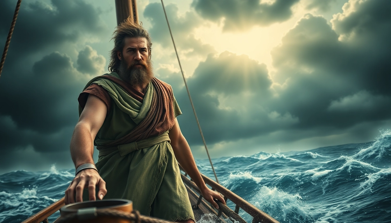 Odyssey meaning origin illustrated through Odysseus' epic journey on a stormy sea.