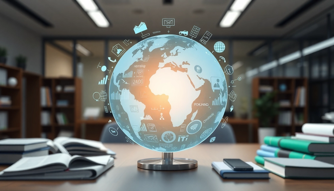Illustration of information concept, featuring digital symbols and data forms in a professional setting.