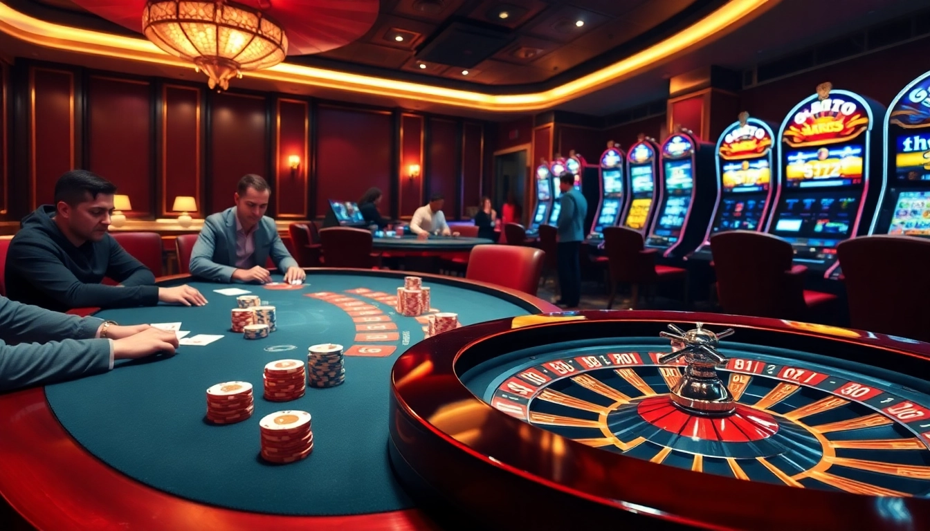 Players enjoying thrilling moments at Thabet's vibrant gambling tables.