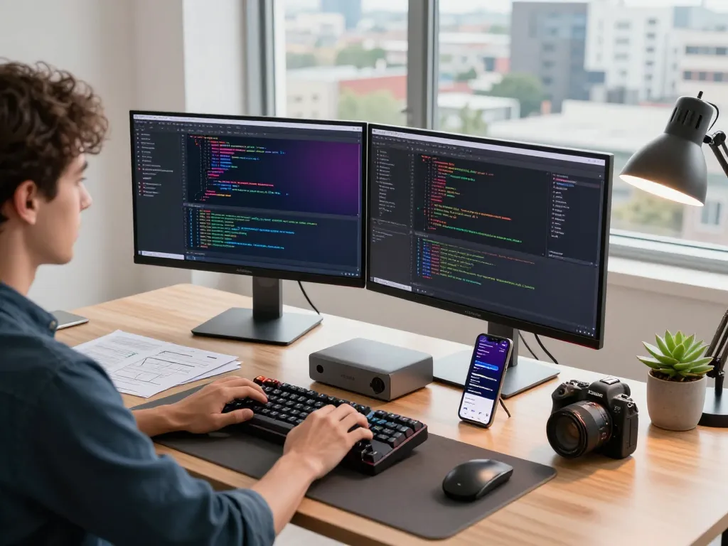 Developer coding with Mac mini setup, dual monitors, and natural light in a tech workspace.
