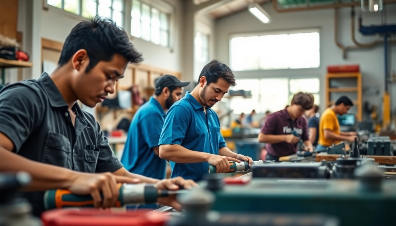 Students practicing skills at trade schools oahu for hands-on training in a workshop.