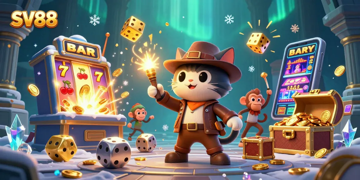 Experience the thrill of SV88 with a cartoon explorer finding treasures in a vibrant casino world.