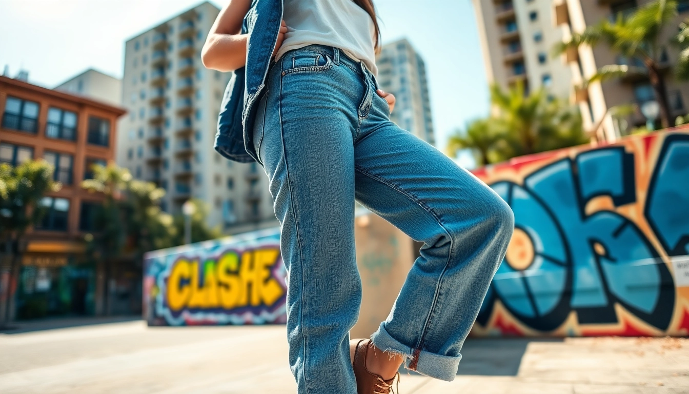 Stylish model wearing womens boyfriend jeans against a vibrant urban backdrop.