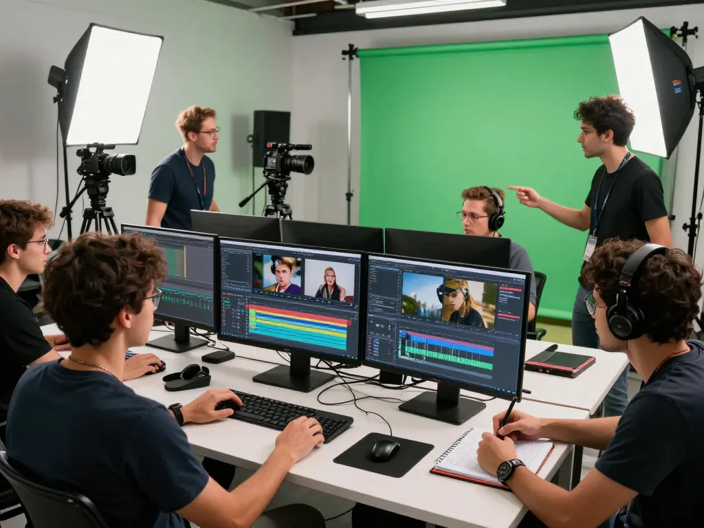Collaborative team in a video production studio generating video to prompt for AI.