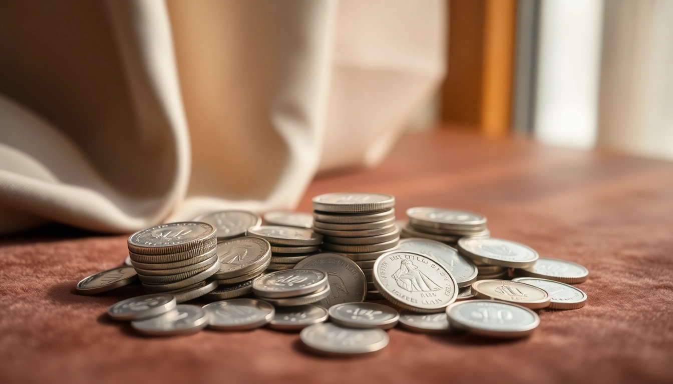 Compra argento con dettagli di monete d'argento esposte su una superficie elegante.