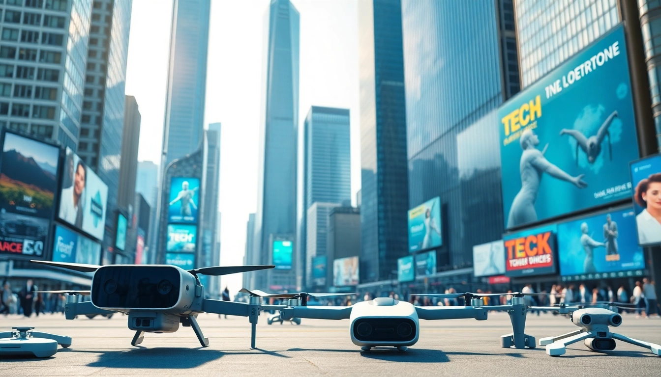 Engaging technology scene highlighting innovative devices and futuristic city skyline.
