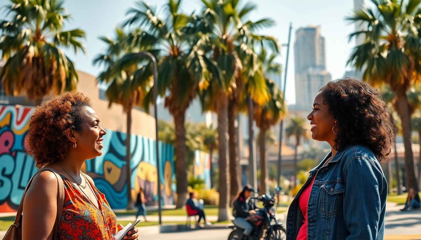 Two women discussing community issues in a sunny Los Angeles park, highlighting https://2urbangirls.com.