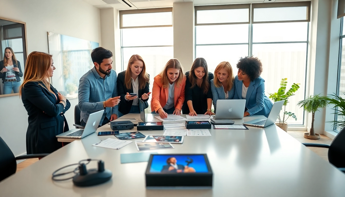 Engaged team members of a music pr company collaborating on innovative strategies in a dynamic office.