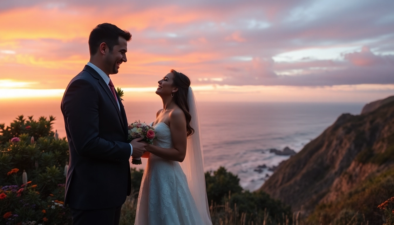 Big Sur wedding photographer capturing a couple exchanging vows against a breathtaking cliffside sunset.
