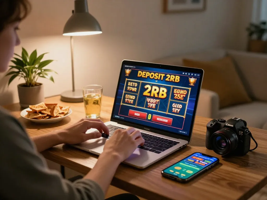 Playing slot deposit 2rb games on a laptop in a cozy home setting.