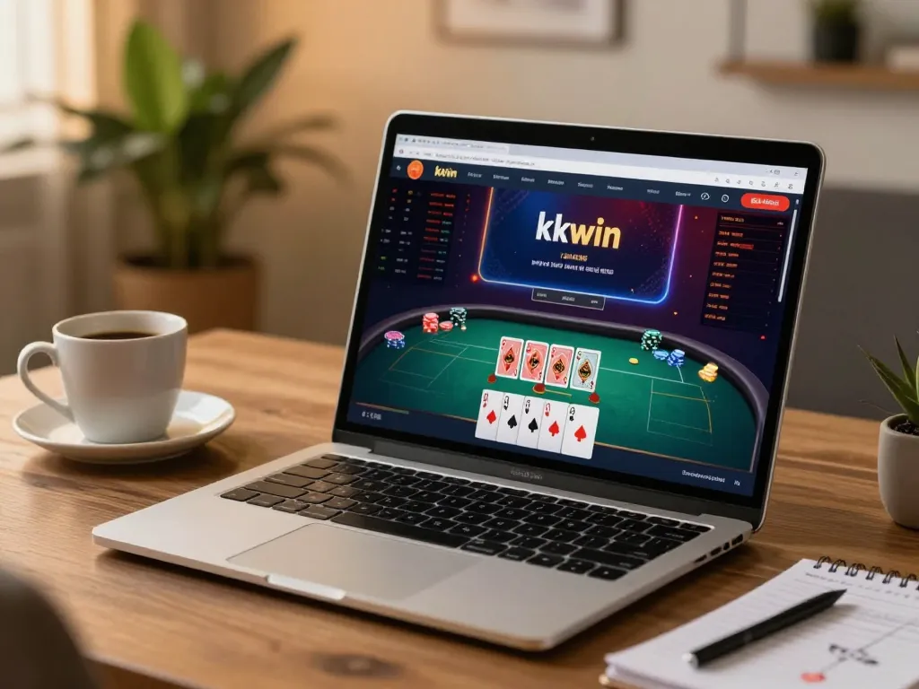 Engaging kkwin online casino poker game on a laptop with warm home atmosphere.