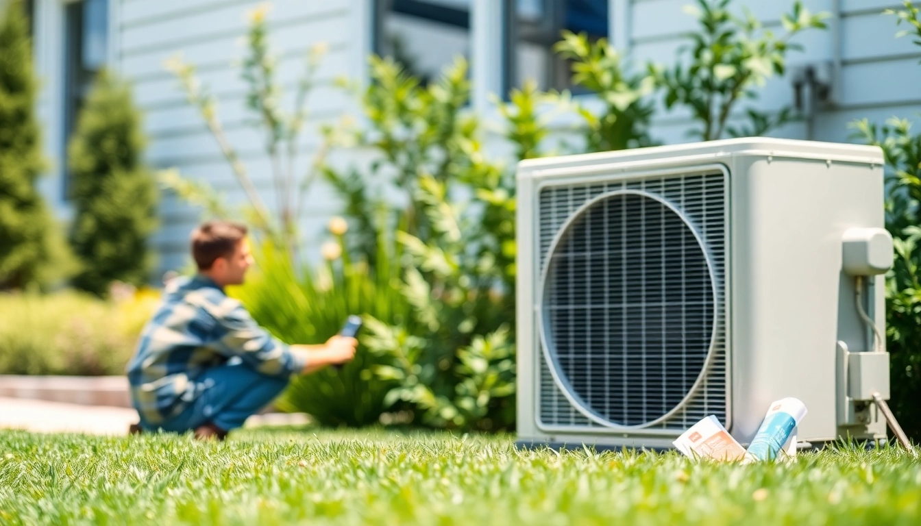 Technician installing an american standard ac system, showcasing expert HVAC service in a garden setting.