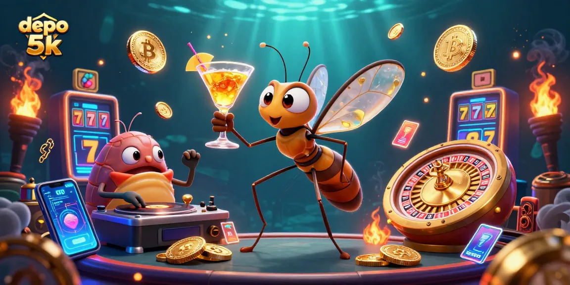 Experience exciting wins at depo 5k with a vibrant digital casino scene featuring unique characters and elements.