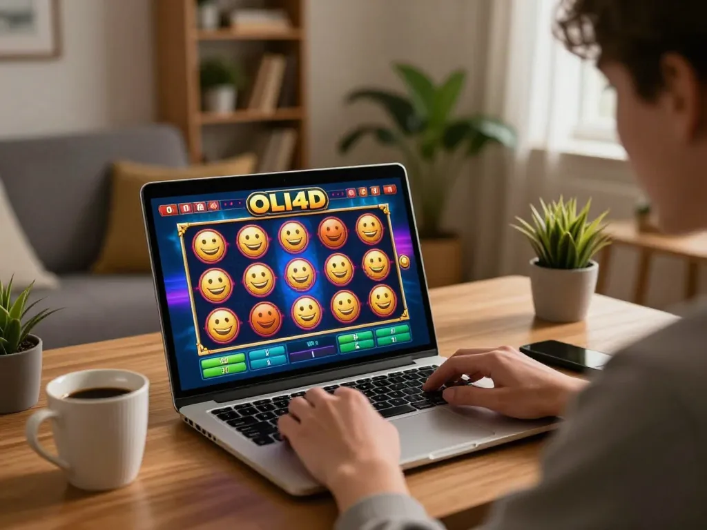 Engaging in online slots on OLI4D from a cozy home setting with vibrant game visuals.