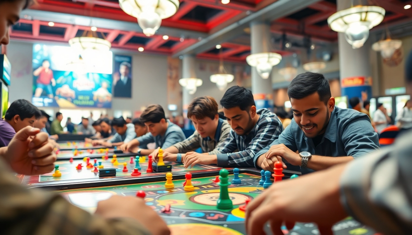 Engaged players competing in daman games with colorful boards and lively atmosphere.