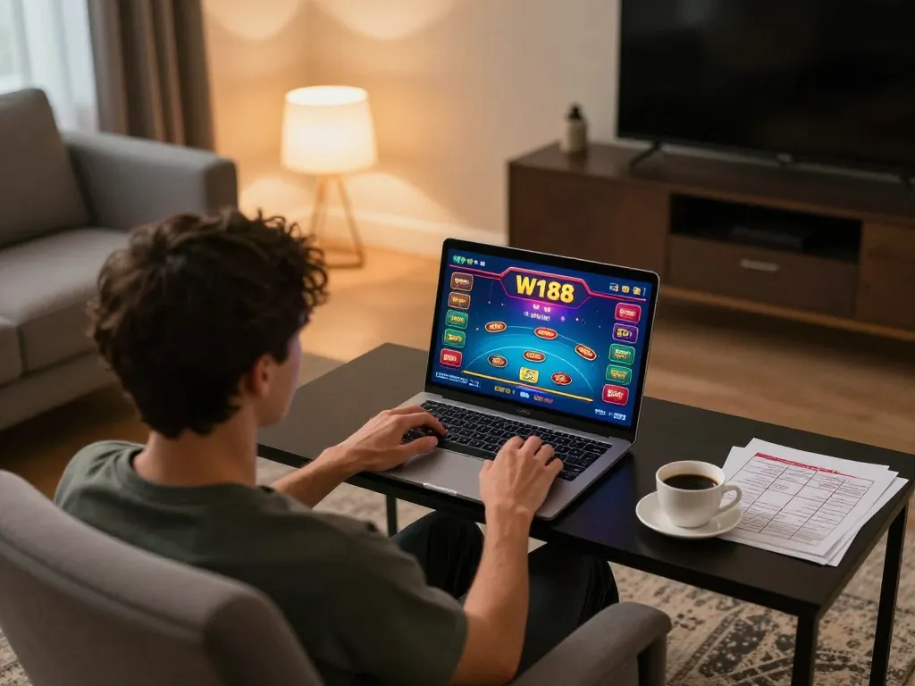 w188 online gaming setup with vibrant poker cards and relaxed atmosphere
