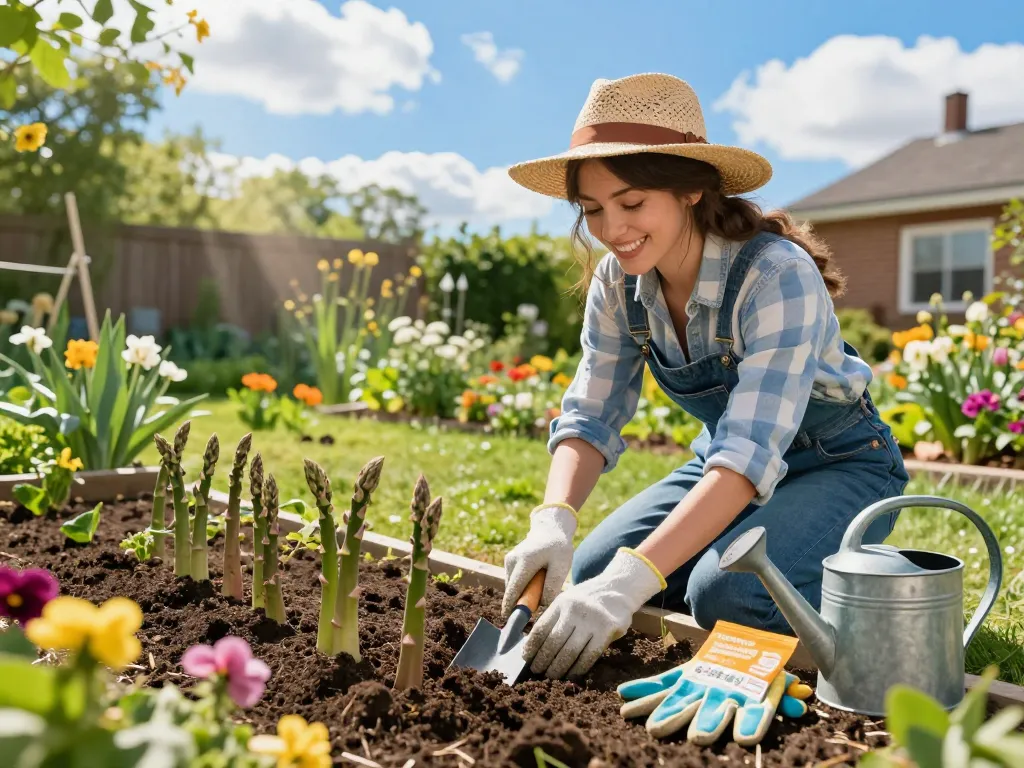 Gardener tending to asparagus moetuin, showcasing lush green plants and vibrant garden tools.
