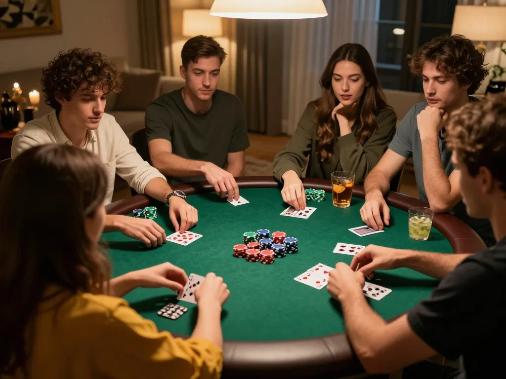 Jae888 players enjoy a strategic home poker game with chips, cards, and friendly competition.