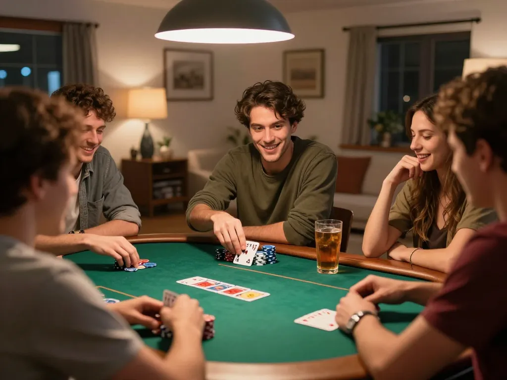 Engaged players at a home poker night strategizing in online casinos Canada setting with vibrant atmosphere