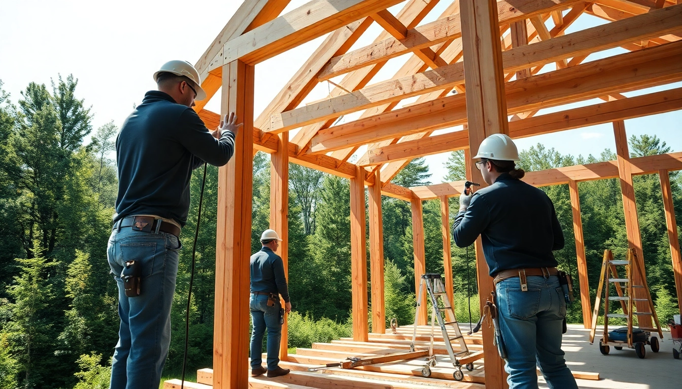 Workers constructing a Structural Timber Frame in a natural setting highlighting craftsmanship.