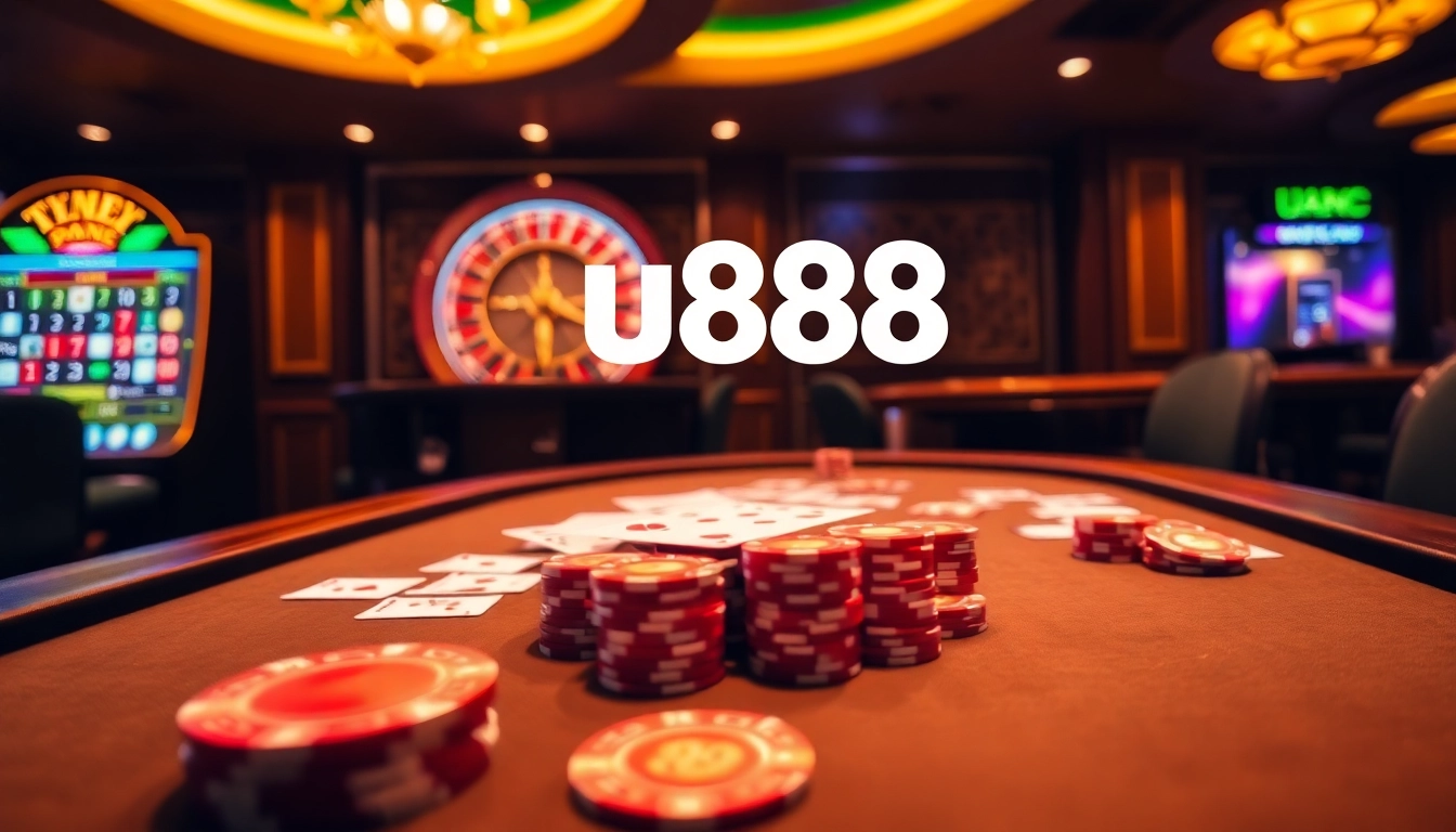 U888 showcases a thrilling poker table with vibrant chips and luxurious casino elements.