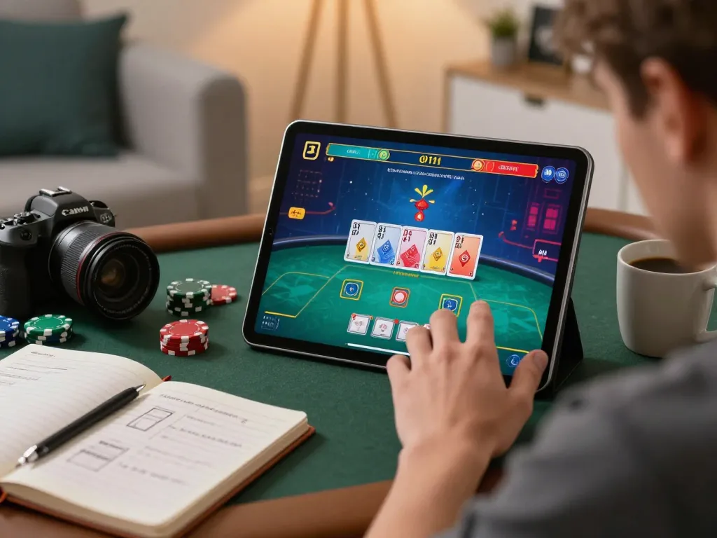 Engaging in an online poker game on a tablet, showcasing winstrike69 strategy in a cozy setting.