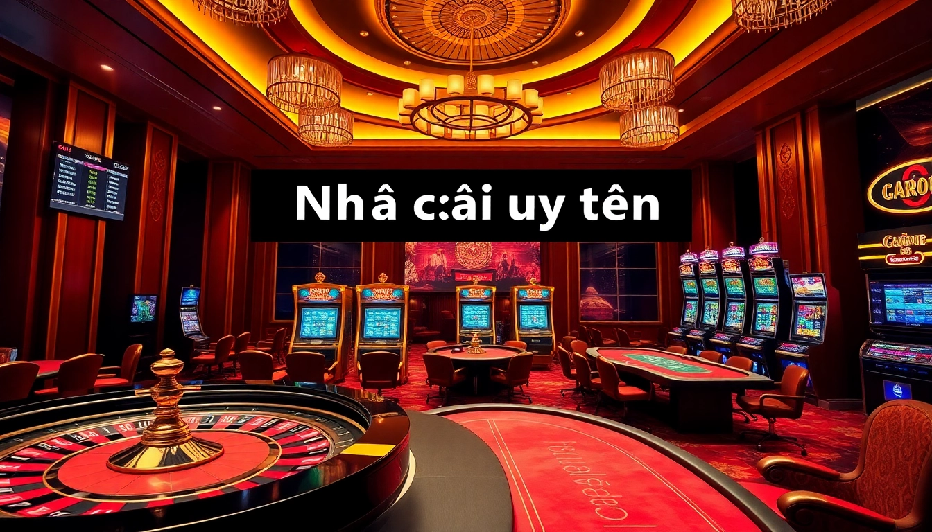 Professional gamblers enjoying games at a Nhà cái uy tín casino, with vibrant tables and slot machines.