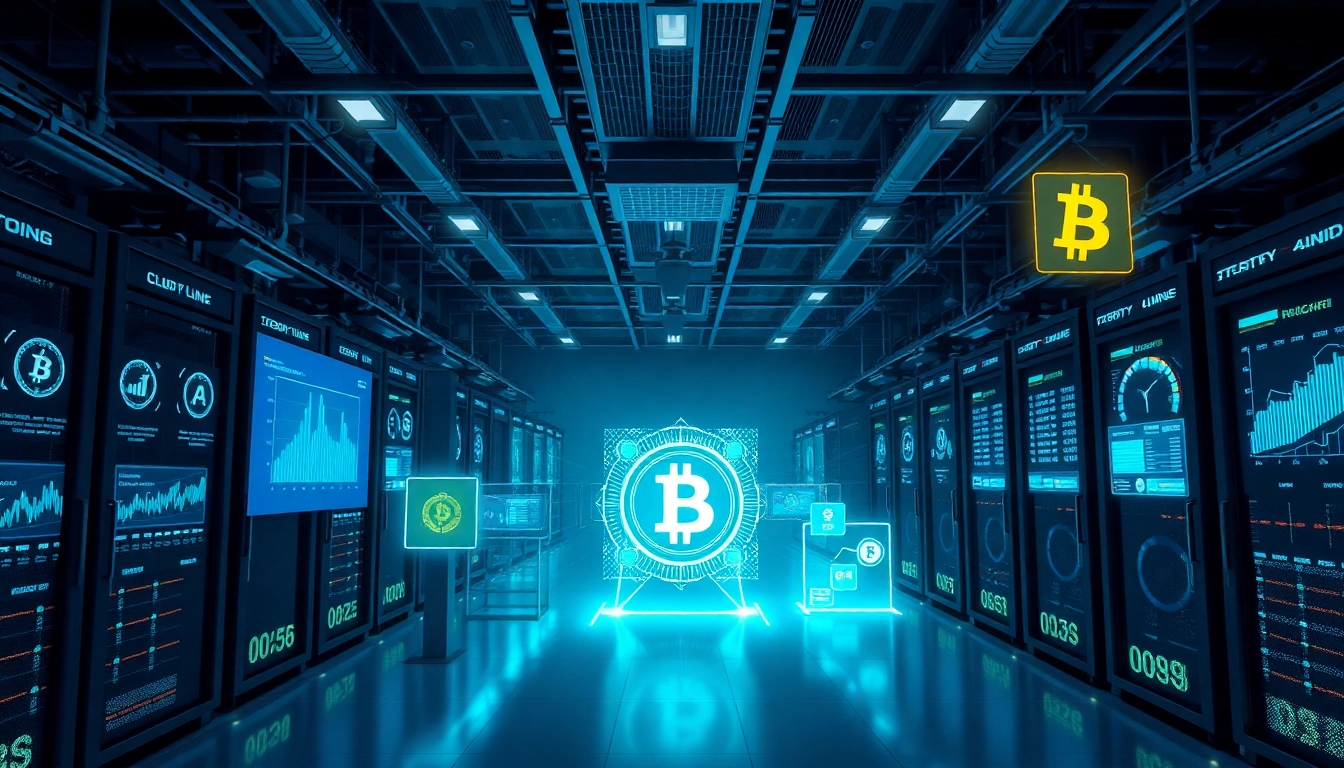 Innovative cloud mining facility showcasing advanced technology and cryptocurrency interfaces.