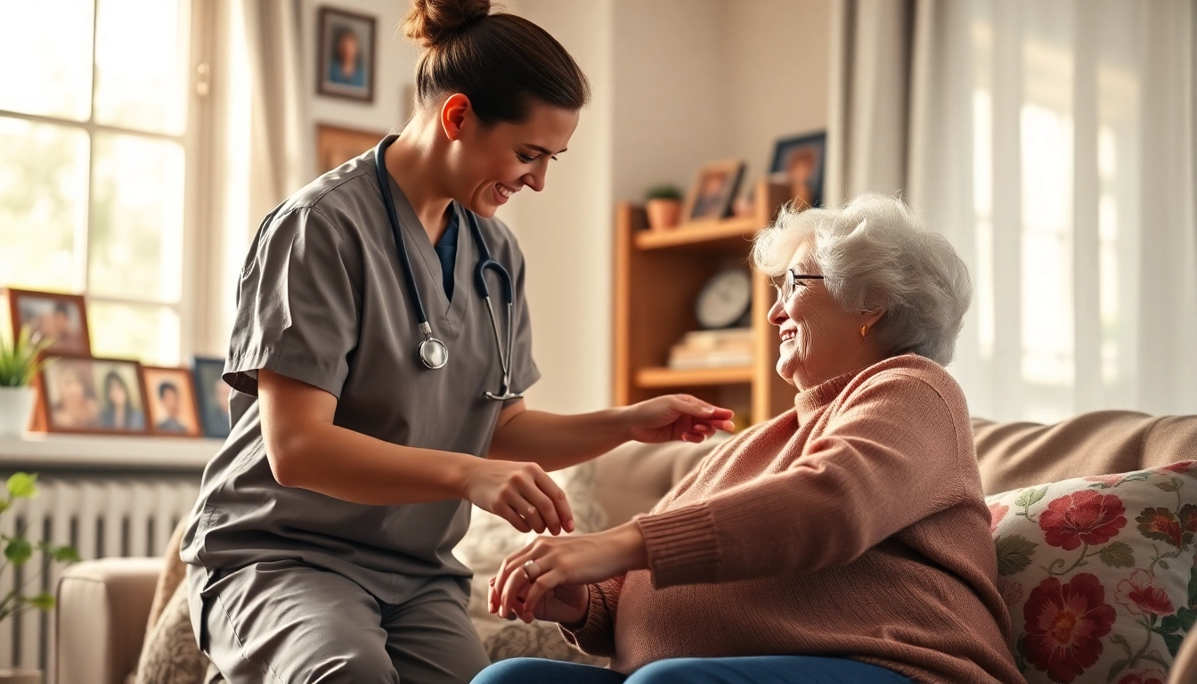 Promoting at home senior care with a caregiver supporting a senior woman in a warm living room.