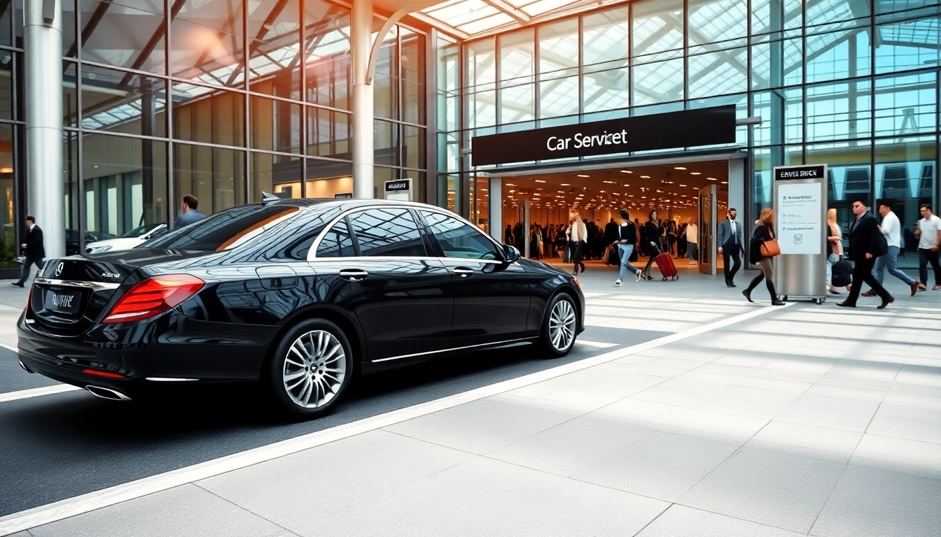 Lga car service offered by a sleek black Sedan at an airport terminal.