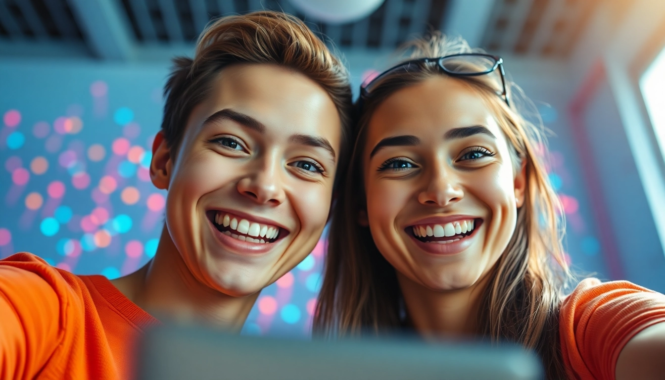 Experience a fun face swap between two friends in a vibrant digital setting.