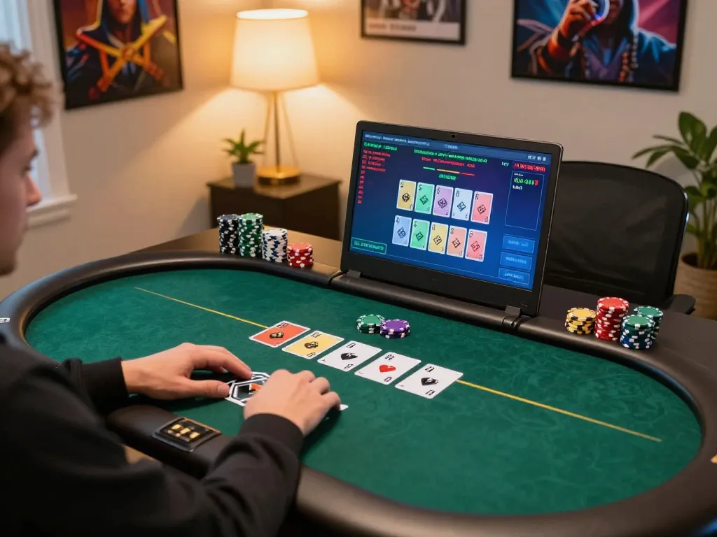Engaging in online poker game using 56win link at home, showcasing strategic gameplay and user-friendly interface