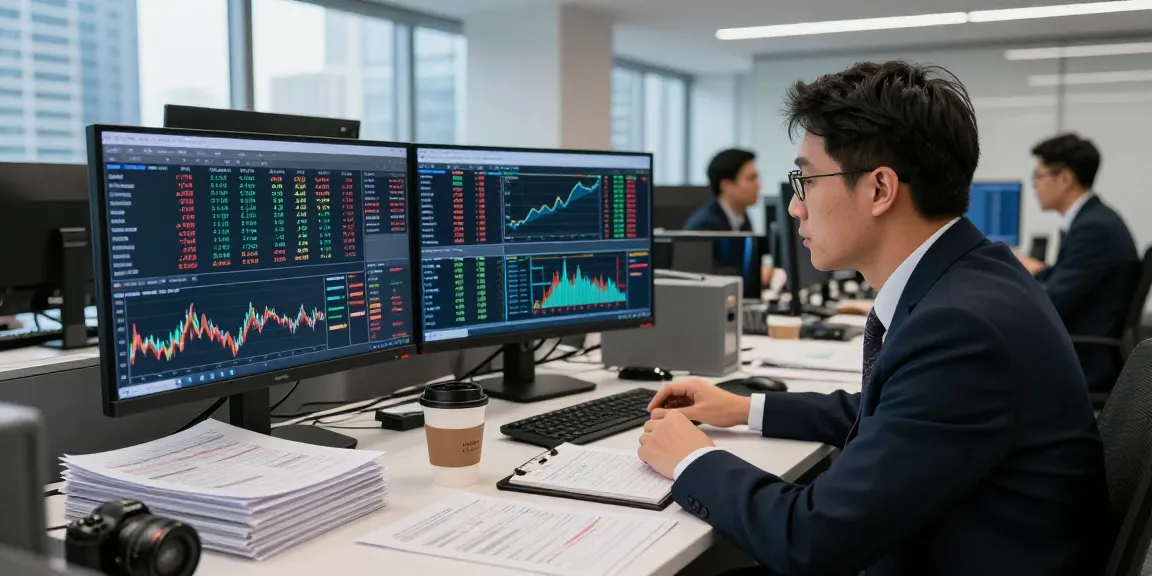 Trader analyzing currency exchange rates live on multiple screens in a modern financial office environment.