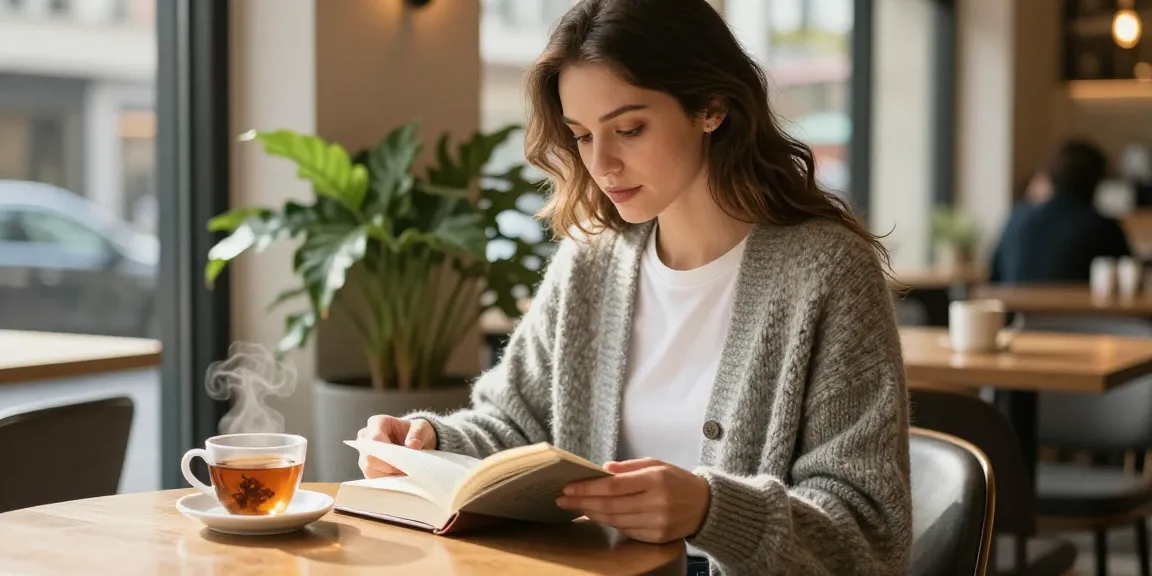 Woman in a wool cardigan enjoying tea in a cozy café, showcasing casual fashion.