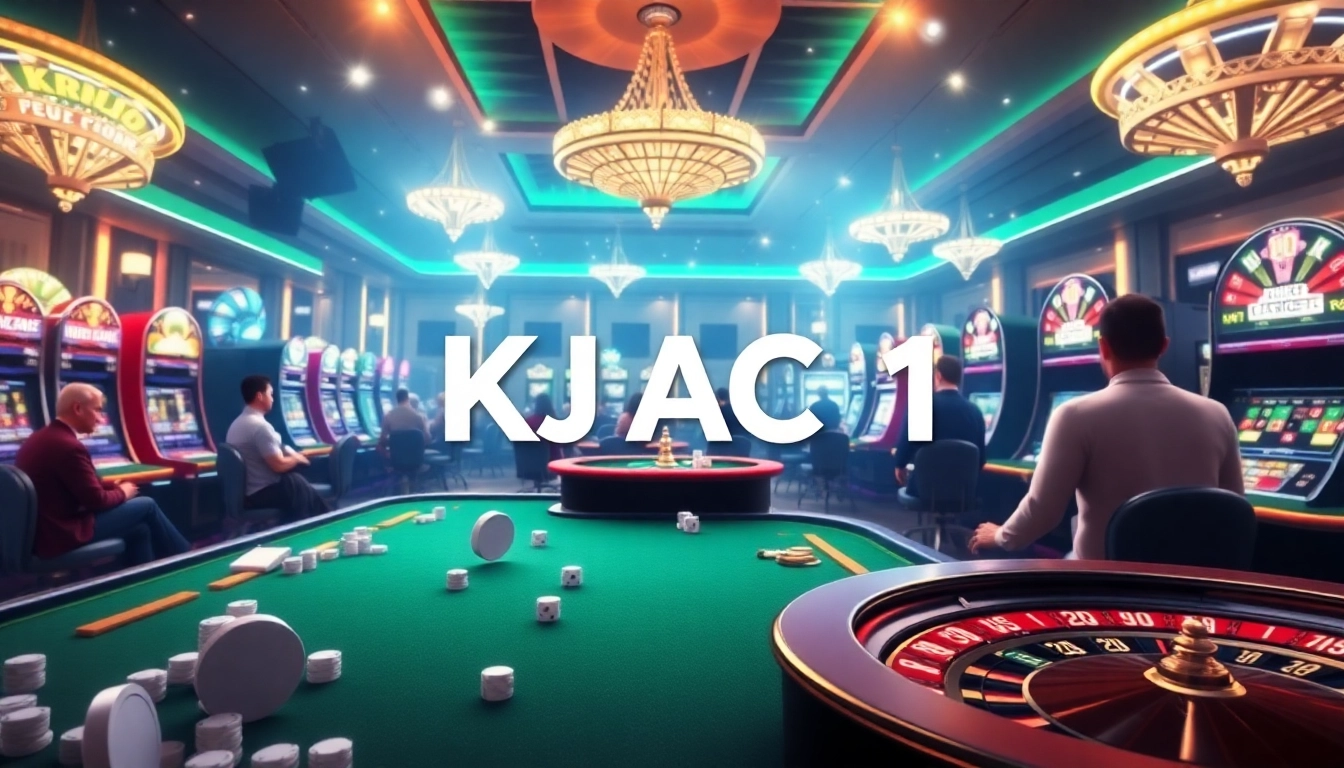 Exciting casino atmosphere featuring KJC AC 1 with poker tables, slot machines, and roulette wheels.