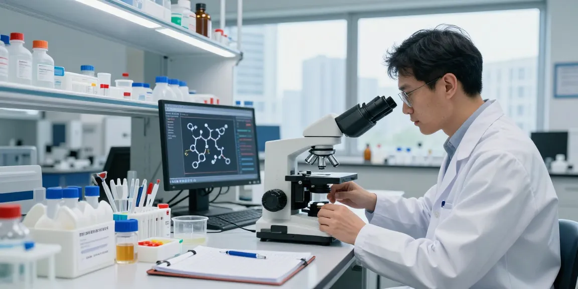 Research peptide supplier analyzing samples in a scientific lab setting, highlighting molecular structures and lab equipment.