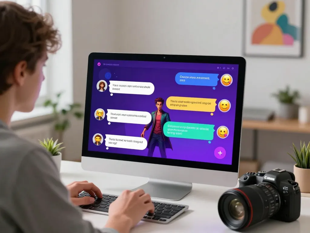 Engaging in spicy chat with AI character on vibrant digital interface, showcasing modern workspace.