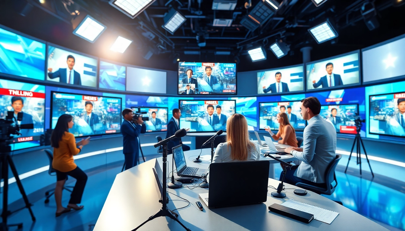 News journalists reporting in a vibrant newsroom with live updates.