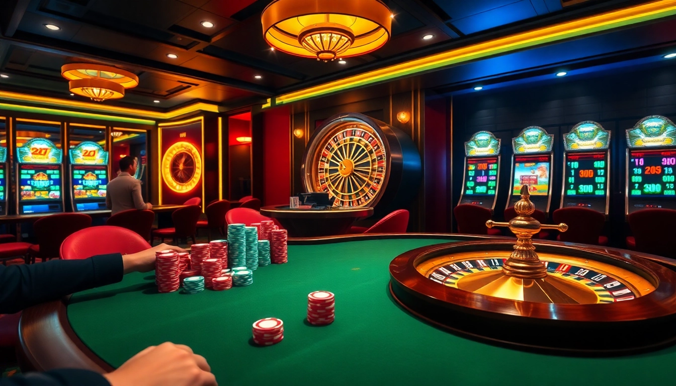 Experience the excitement of jun88pl.com with players at a luxurious poker table in a vibrant casino setting.
