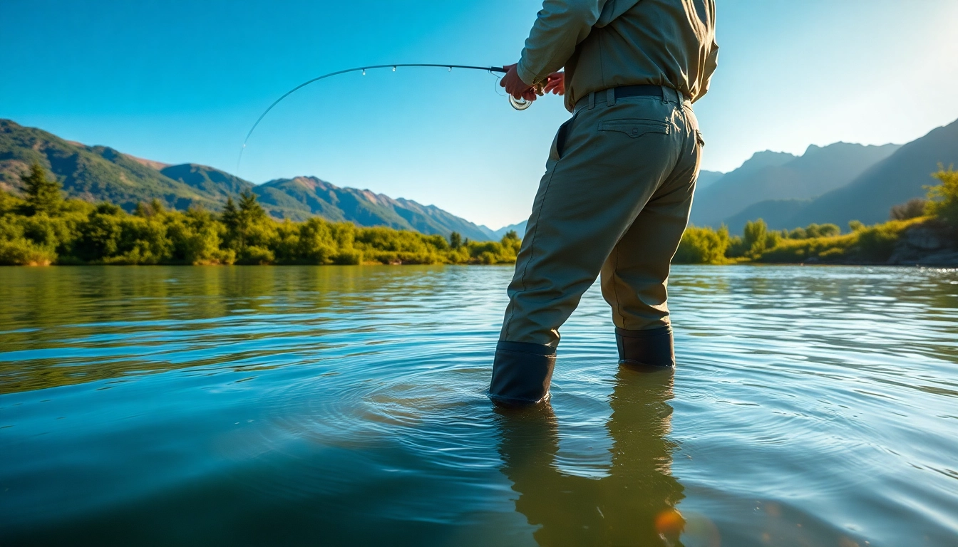 Angler wearing fly fishing waders while fishing in a beautiful river setting.
