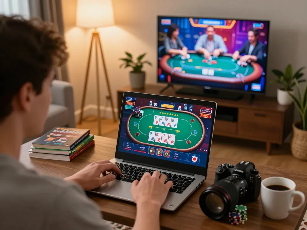 Player engaging with EV99 online casino, experiencing a poker game in a cozy home setting