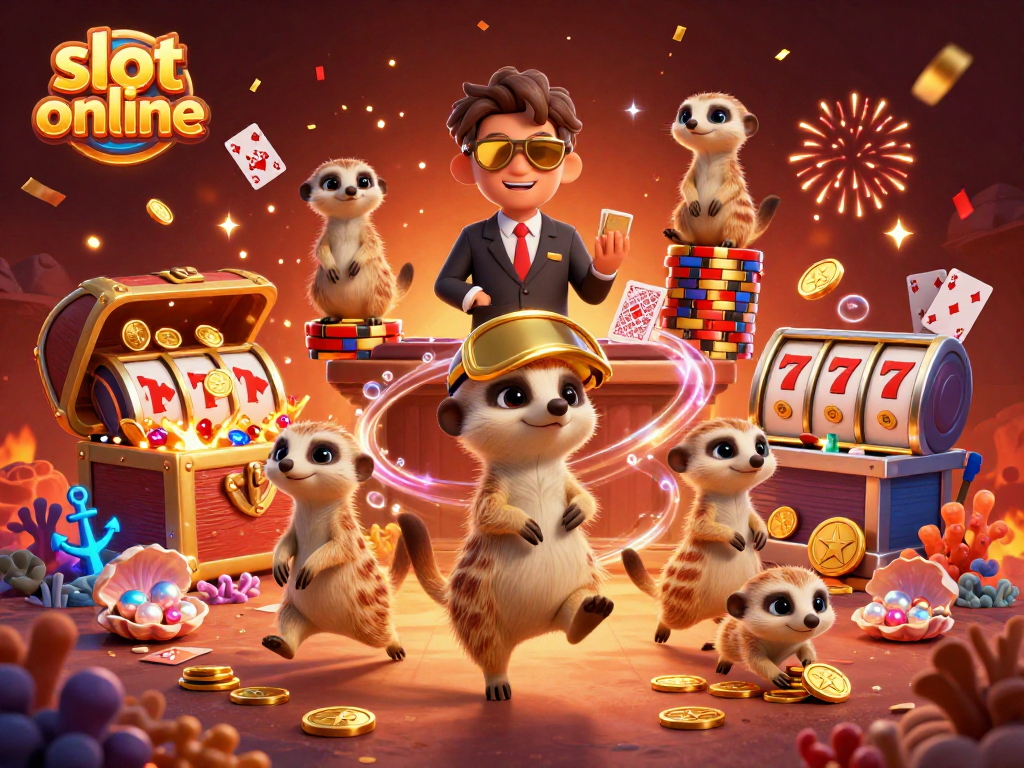 Engage with slot online excitement as meerkats oversee a vibrant casino scene filled with treasures and celebrations.
